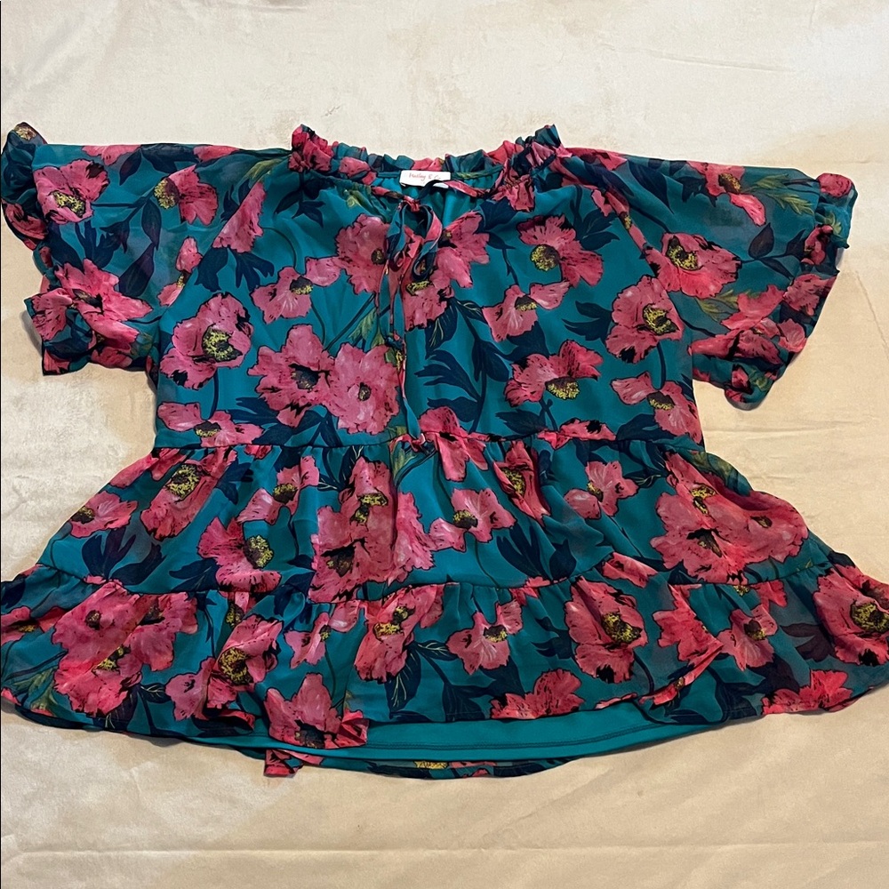 Floral Ruffle Sleeve Blouse - Pink and Green